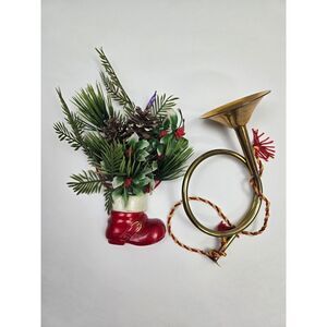 Vintage Christmas Boot Floral Arrangement With Brass Trumpet Horn Decoration
